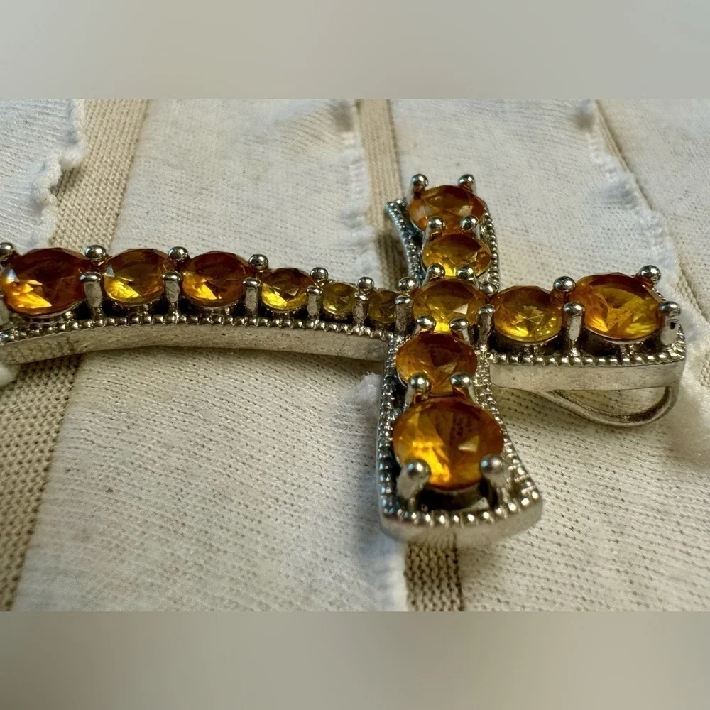 Sterling Silver Cross Necklace Pendant Charm Citrine Stones November Birtbstone